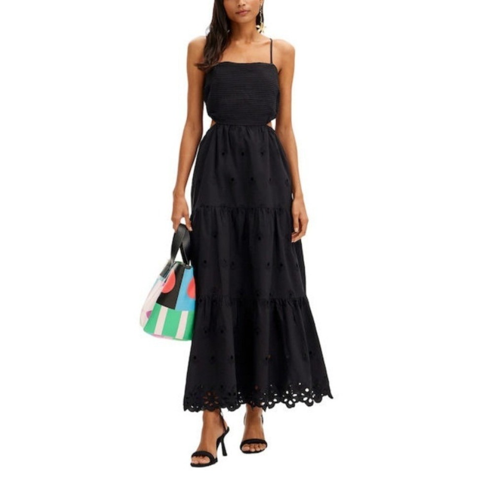 Desigual Women's Black Smocked‎ Cut-Out Tiered Ruffle Summer Maxi Dress Size S